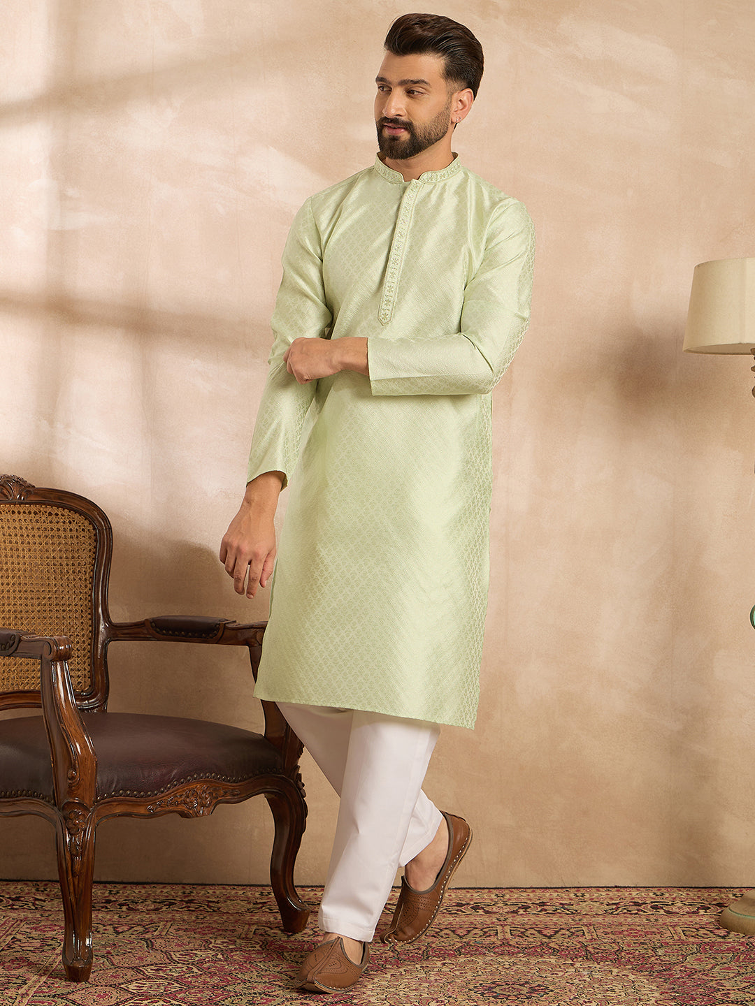 Ethnic Bay Men Teal Polyester Solid Embroidered Straight Kurta