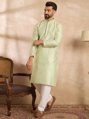 Ethnic Bay Men Teal Polyester Solid Embroidered Straight Kurta-MKU1839