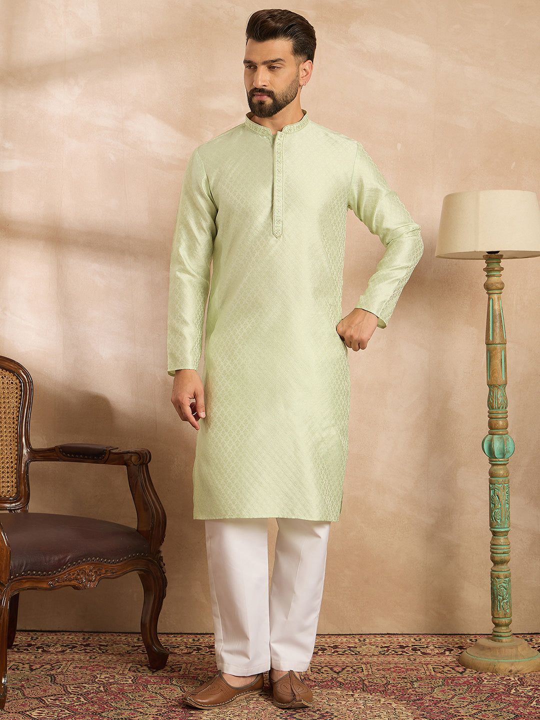Ethnic Bay Men Teal Polyester Solid Embroidered Straight Kurta
