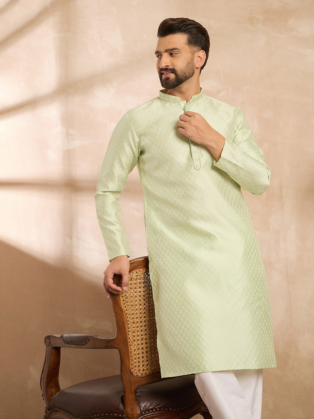 Ethnic Bay Men Teal Polyester Solid Embroidered Straight Kurta