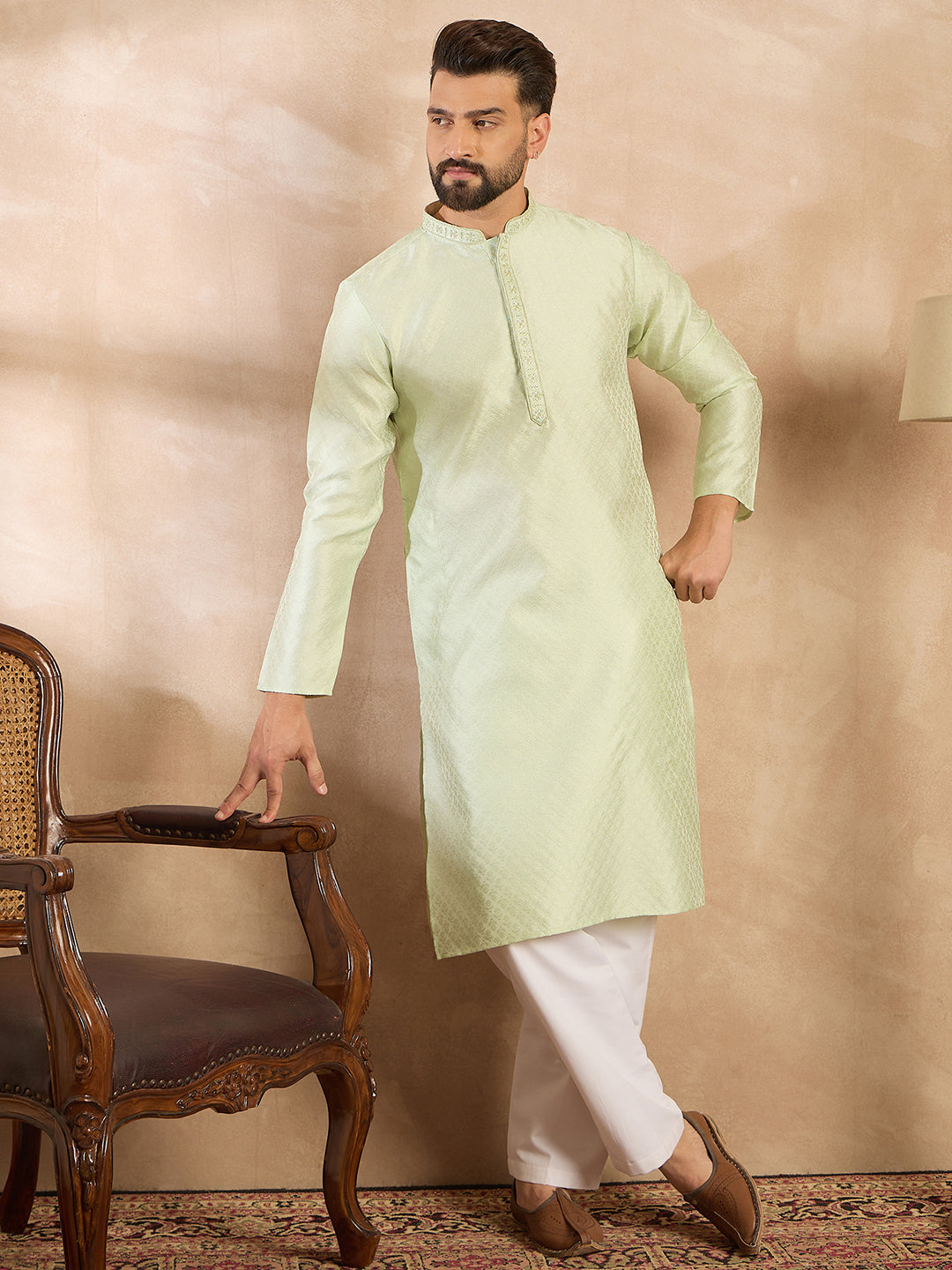Ethnic Bay Men Teal Polyester Solid Embroidered Straight Kurta