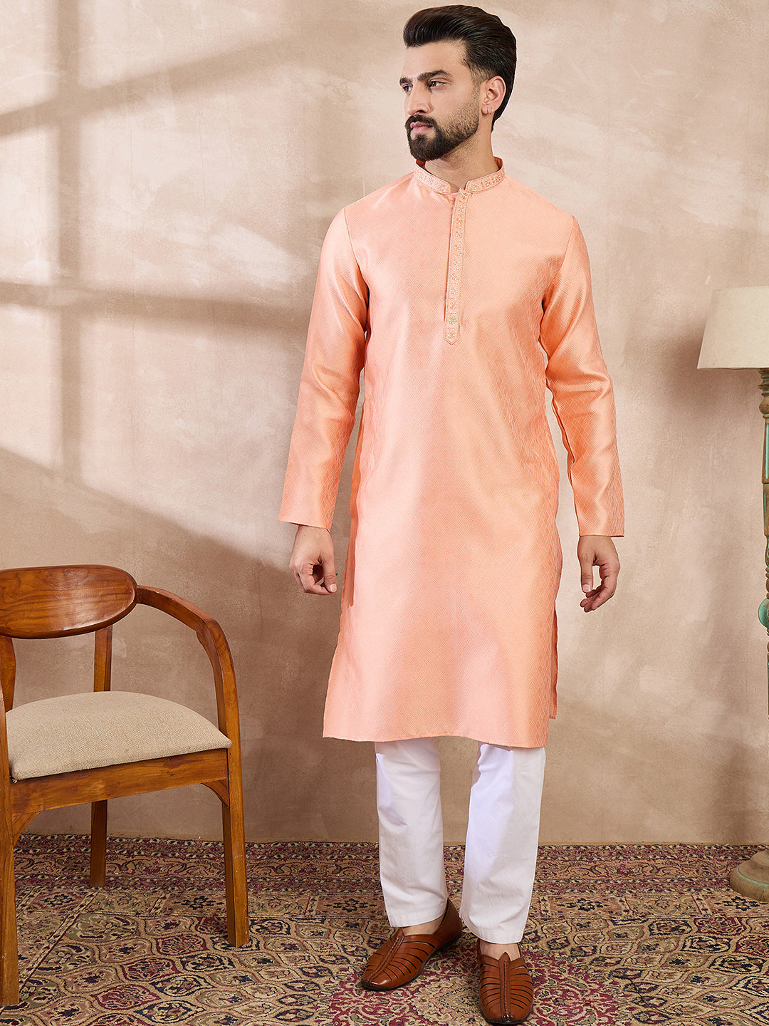 Ethnic Bay Men Peach Silk Blend Solid Embroidered Straight Kurta