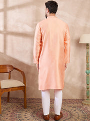 Ethnic Bay Men Peach Silk Blend Solid Embroidered Straight Kurta-MKU1840