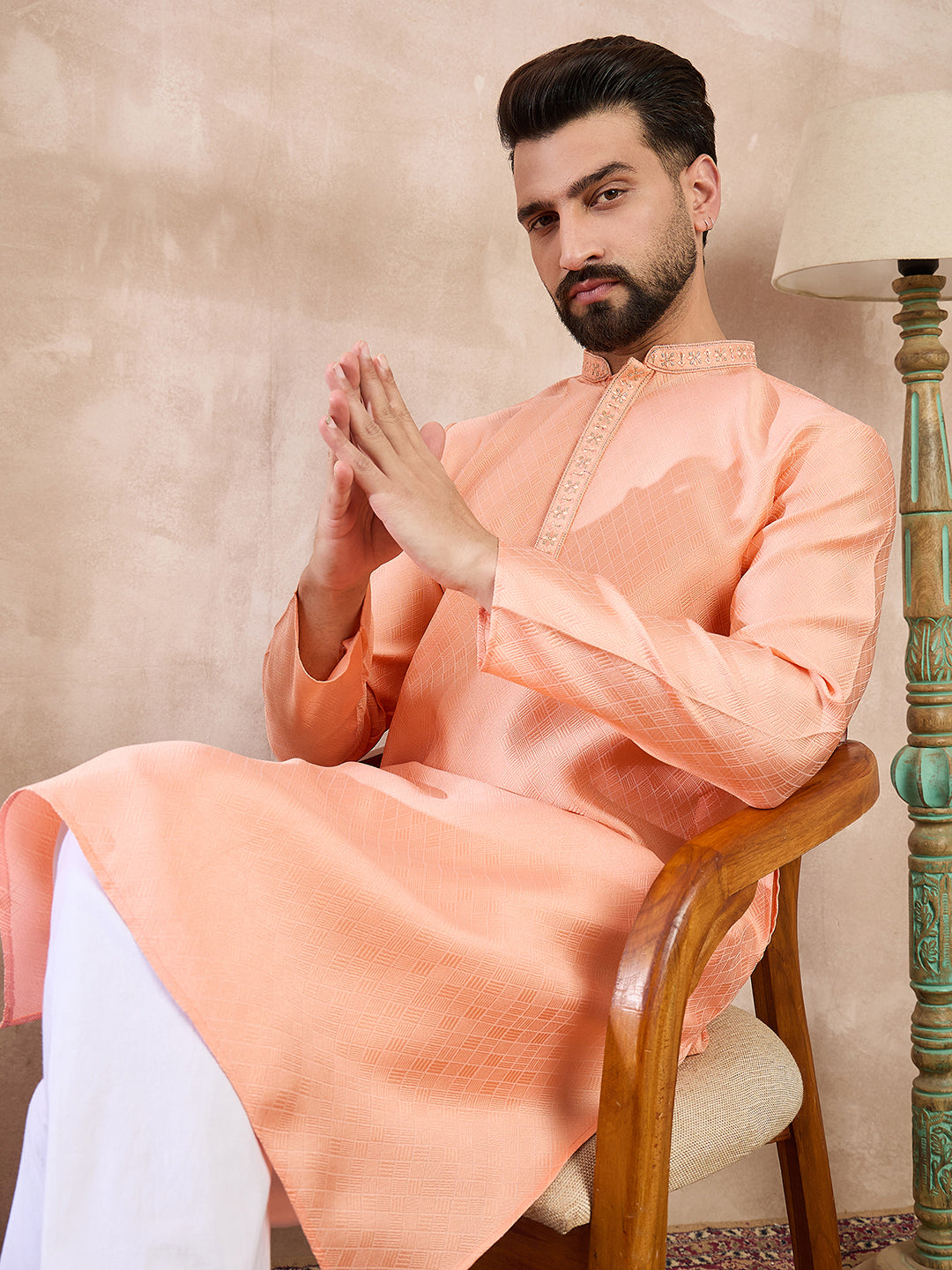 Ethnic Bay Men Peach Silk Blend Solid Embroidered Straight Kurta