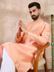 Ethnic Bay Men Peach Silk Blend Solid Embroidered Straight Kurta-MKU1840