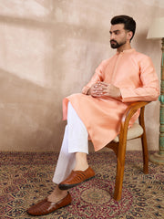 Ethnic Bay Men Peach Silk Blend Solid Embroidered Straight Kurta-MKU1840