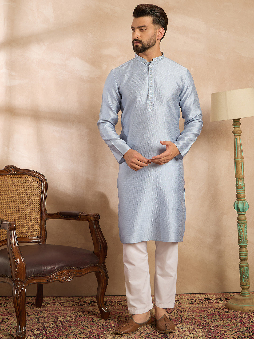 Ethnic Bay Men Blue Polyester Solid Embroidered Straight Kurta