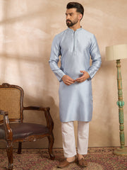 Ethnic Bay Men Blue Polyester Solid Embroidered Straight Kurta-MKU1841
