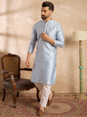 Ethnic Bay Men Blue Polyester Solid Embroidered Straight Kurta-MKU1841