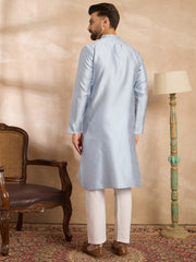 Ethnic Bay Men Blue Polyester Solid Embroidered Straight Kurta-MKU1841