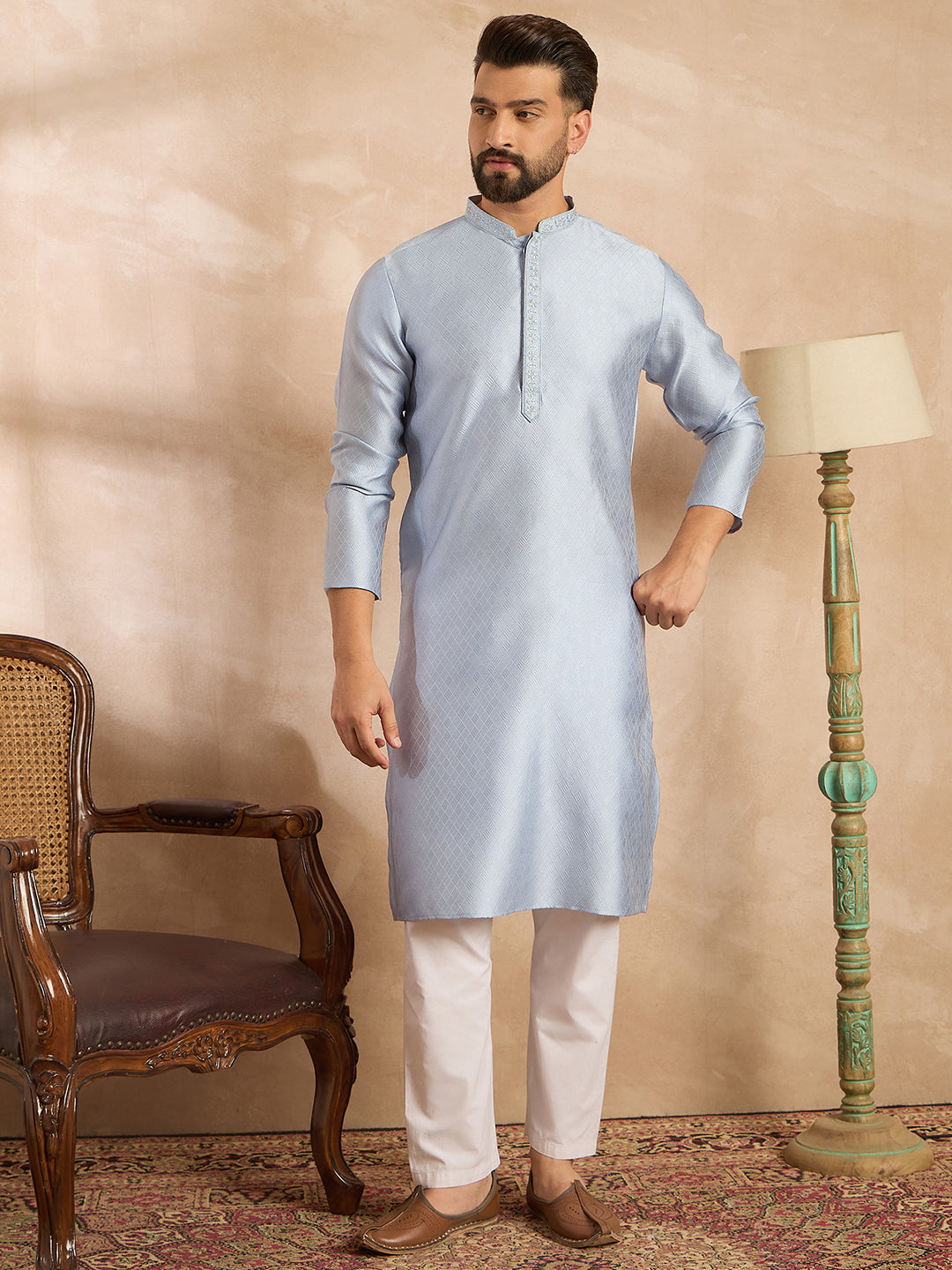 Ethnic Bay Men Blue Polyester Solid Embroidered Straight Kurta