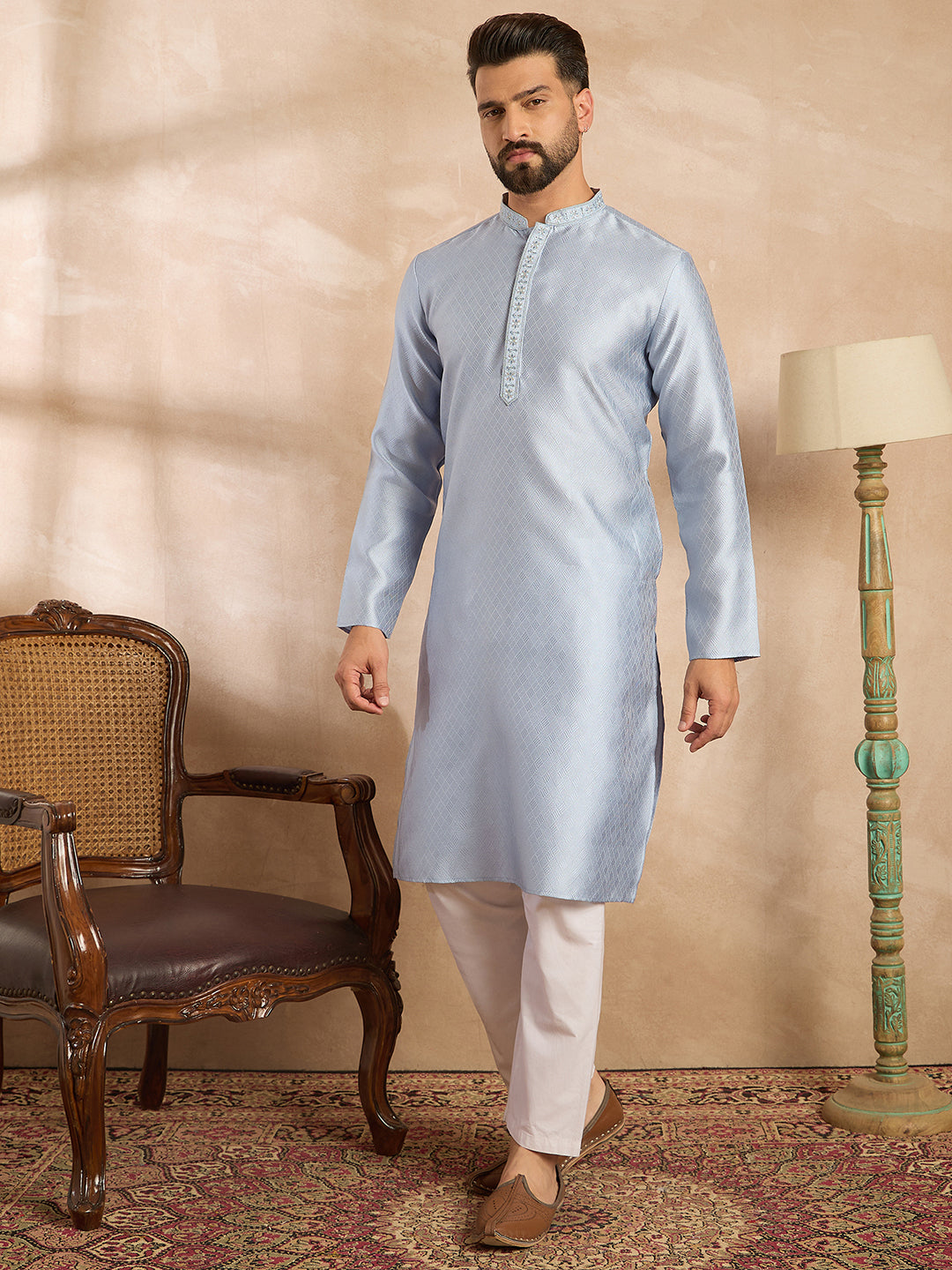 Ethnic Bay Men Blue Polyester Solid Embroidered Straight Kurta