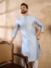 Ethnic Bay Men Blue Polyester Solid Embroidered Straight Kurta-MKU1841