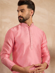 Ethnic Bay Men Pink Polyester Solid Embroidered Straight Kurta-MKU1842
