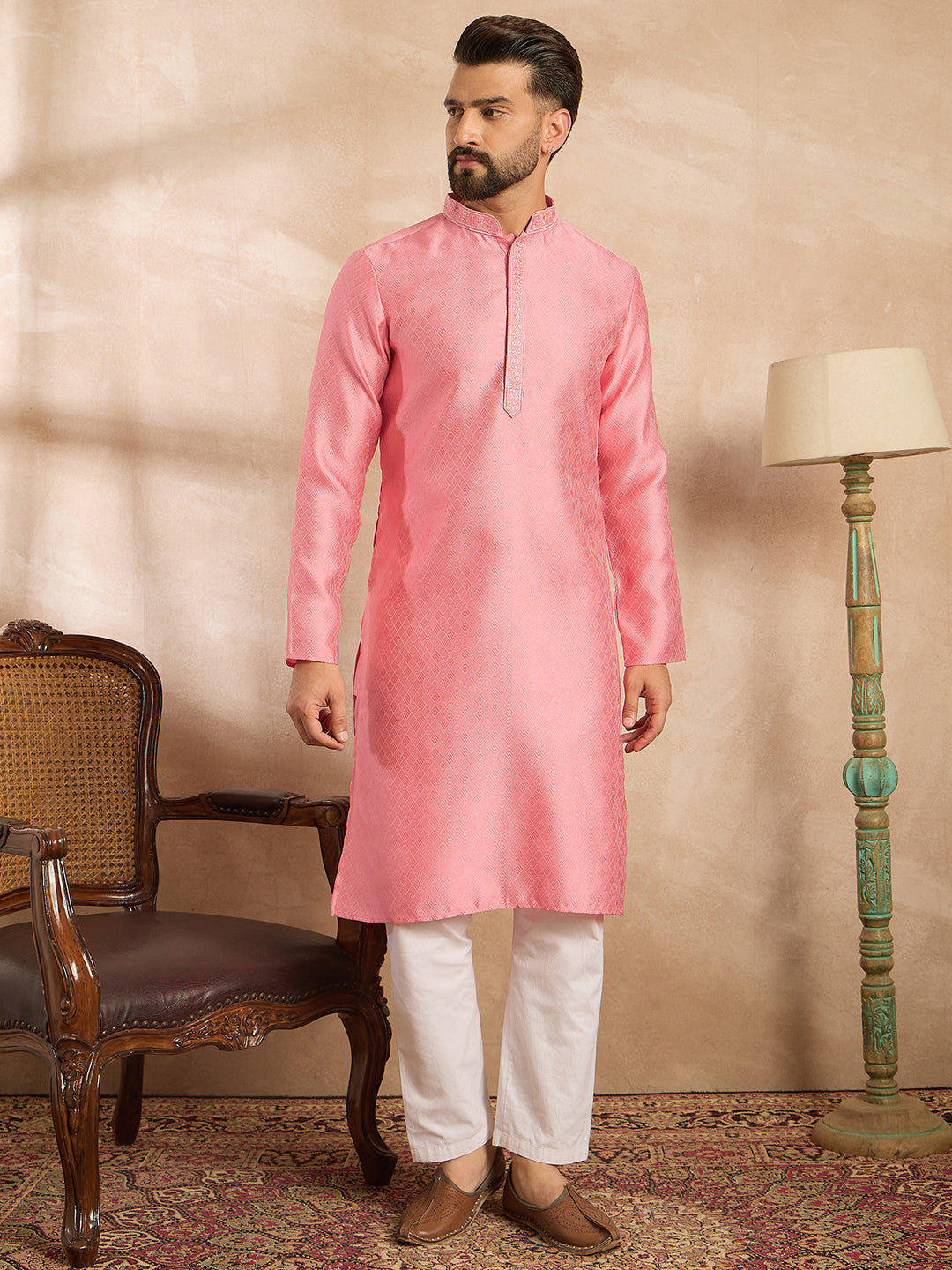 Ethnic Bay Men Pink Polyester Solid Embroidered Straight Kurta