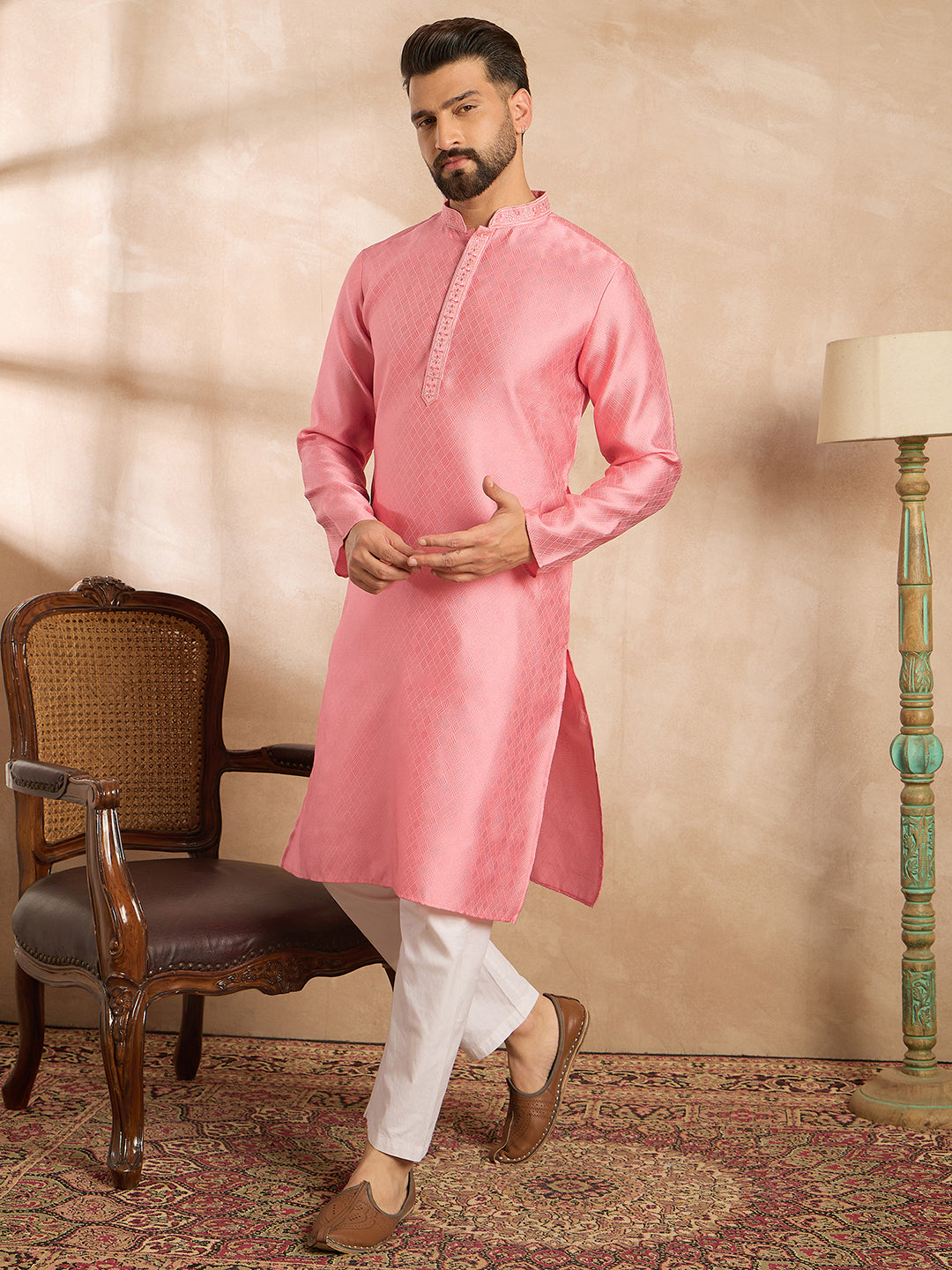 Ethnic Bay Men Pink Polyester Solid Embroidered Straight Kurta