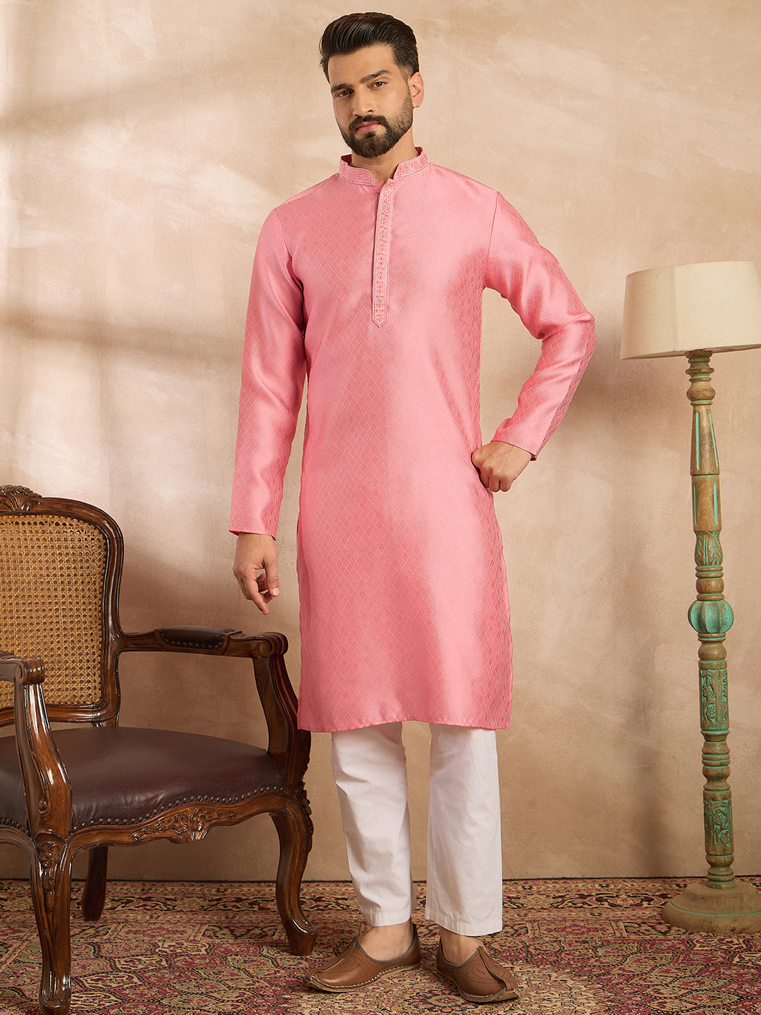 Ethnic Bay Men Pink Polyester Solid Embroidered Straight Kurta