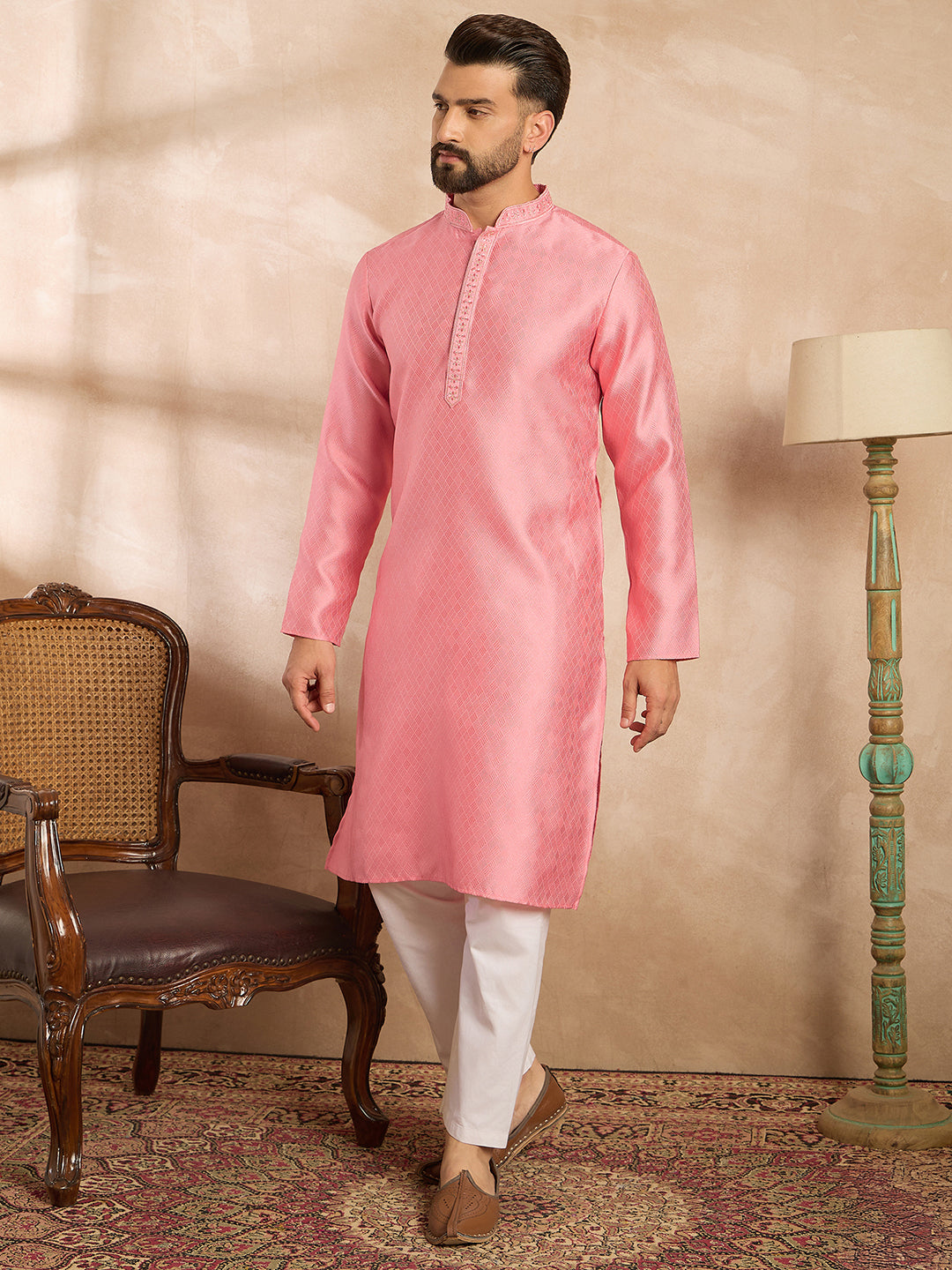 Ethnic Bay Men Pink Polyester Solid Embroidered Straight Kurta