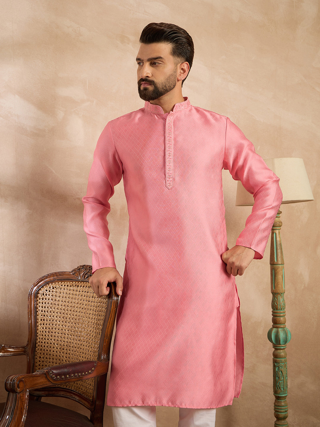 Ethnic Bay Men Pink Polyester Solid Embroidered Straight Kurta
