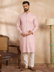 Ethnic Bay Men Pink Viscose Rayon Solid Embroidered Straight Kurta-MKU1843