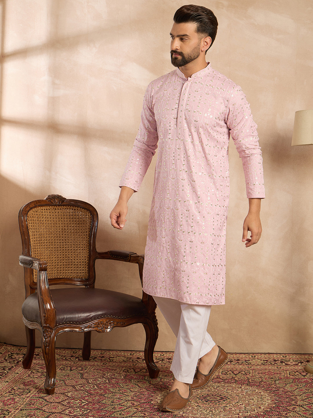Ethnic Bay Men Pink Viscose Rayon Solid Embroidered Straight Kurta