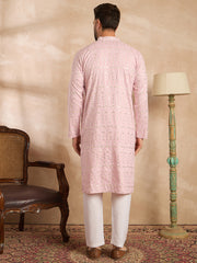 Ethnic Bay Men Pink Viscose Rayon Solid Embroidered Straight Kurta-MKU1843