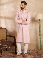 Ethnic Bay Men Pink Viscose Rayon Solid Embroidered Straight Kurta-MKU1843