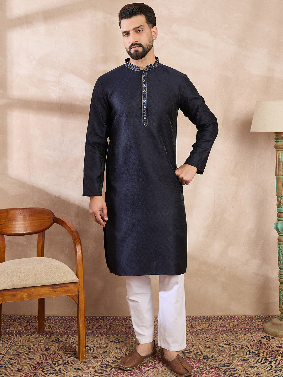 Ethnic Bay Men Navy Blue Silk Blend Solid Woven Design Straight Kurta
