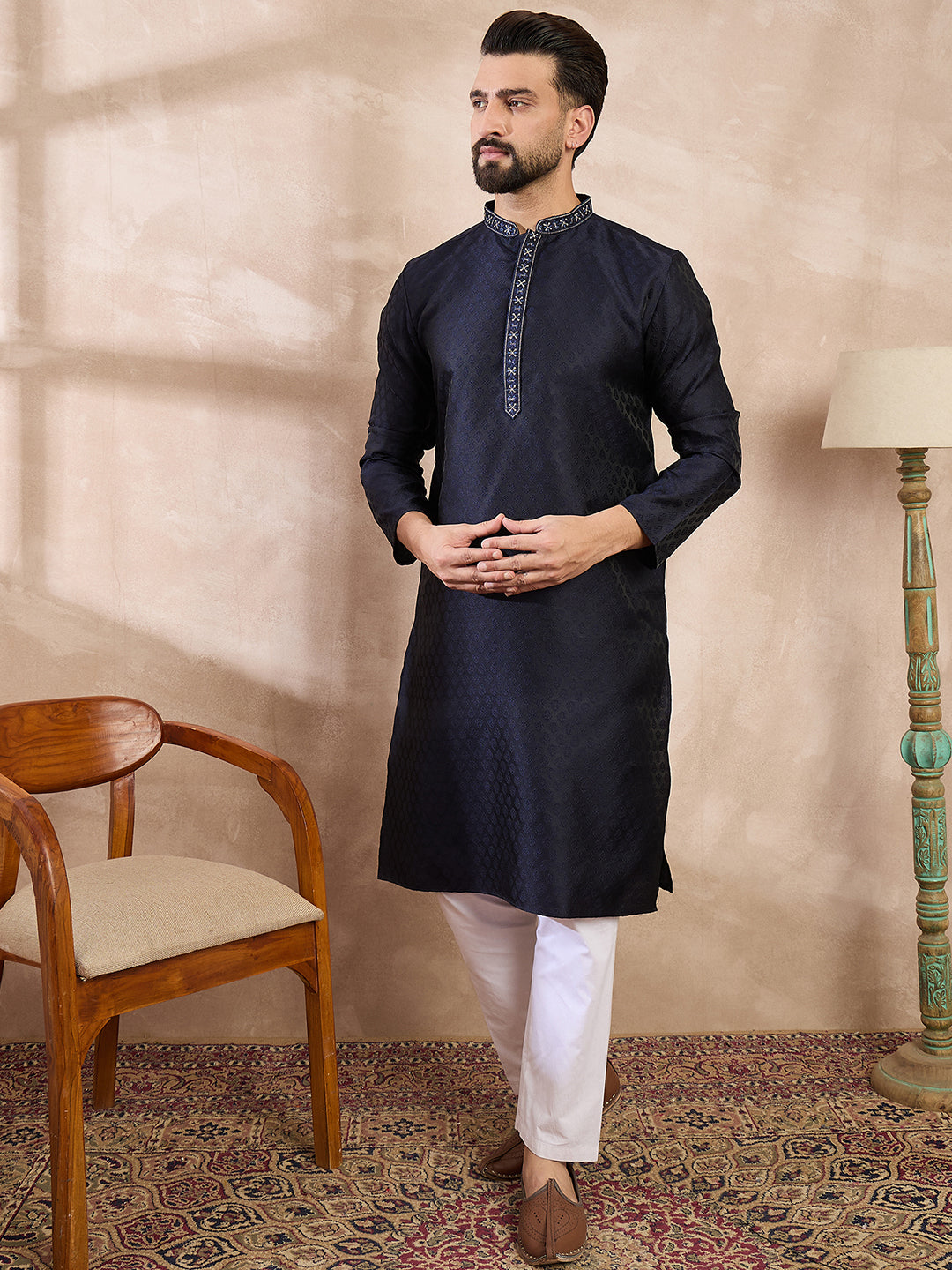 Ethnic Bay Men Navy Blue Silk Blend Solid Woven Design Straight Kurta