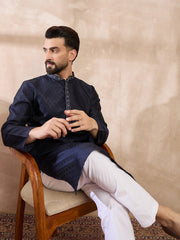Ethnic Bay Men Navy Blue Silk Blend Solid Woven Design Straight Kurta-MKU1853