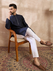 Ethnic Bay Men Navy Blue Silk Blend Solid Woven Design Straight Kurta-MKU1853