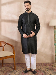 Ethnic Bay Men Black Silk Blend Solid Woven Design Straight Kurta-MKU1854