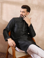 Ethnic Bay Men Black Silk Blend Solid Woven Design Straight Kurta-MKU1854