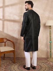 Ethnic Bay Men Black Silk Blend Solid Woven Design Straight Kurta-MKU1854