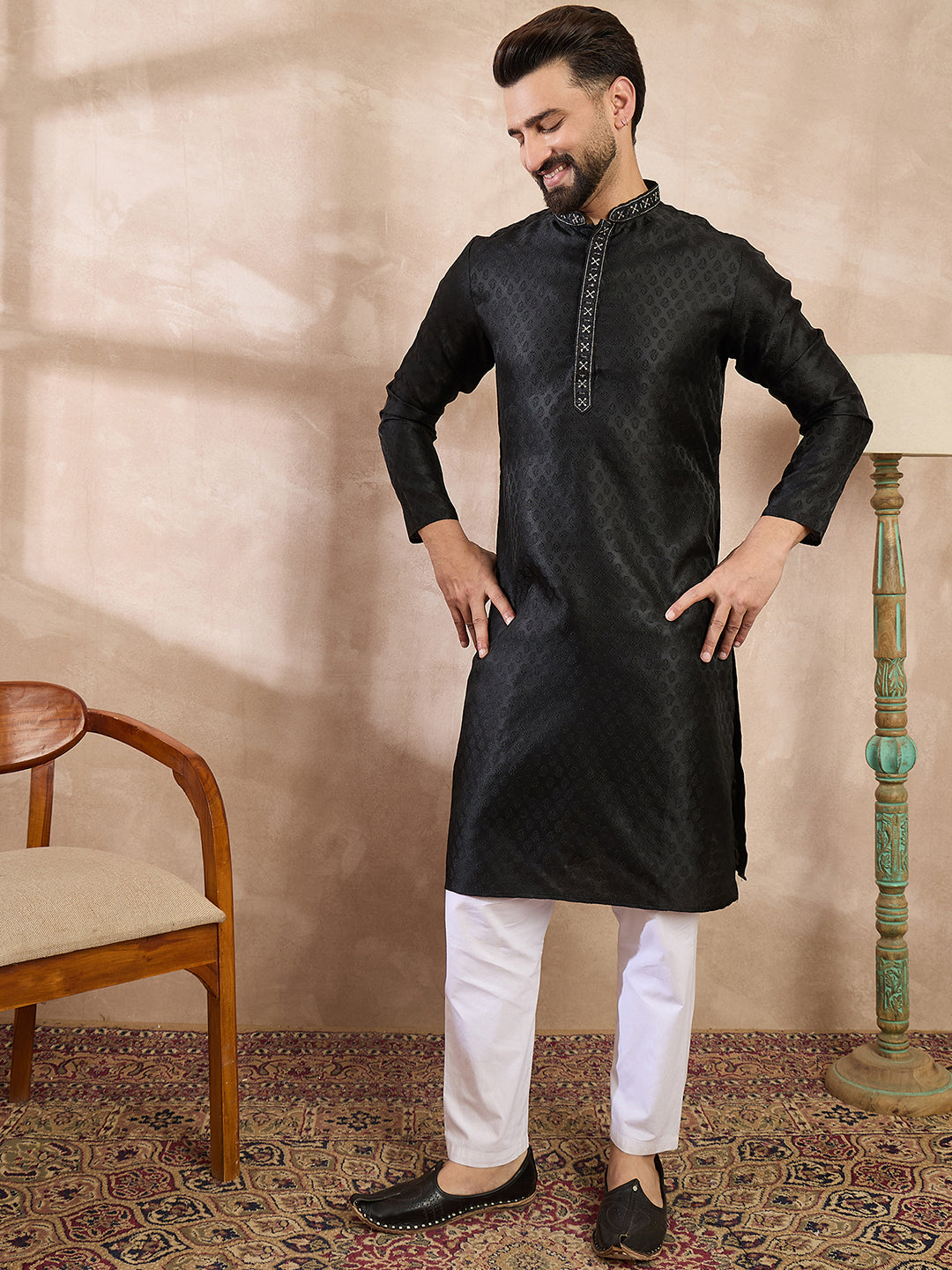 Ethnic Bay Men Black Silk Blend Solid Woven Design Straight Kurta
