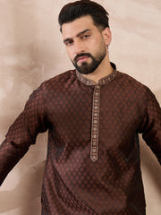 Ethnic Bay Men Brown Silk Blend Solid Woven Design Straight Kurta-MKU1855