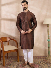 Ethnic Bay Men Brown Silk Blend Solid Woven Design Straight Kurta-MKU1855