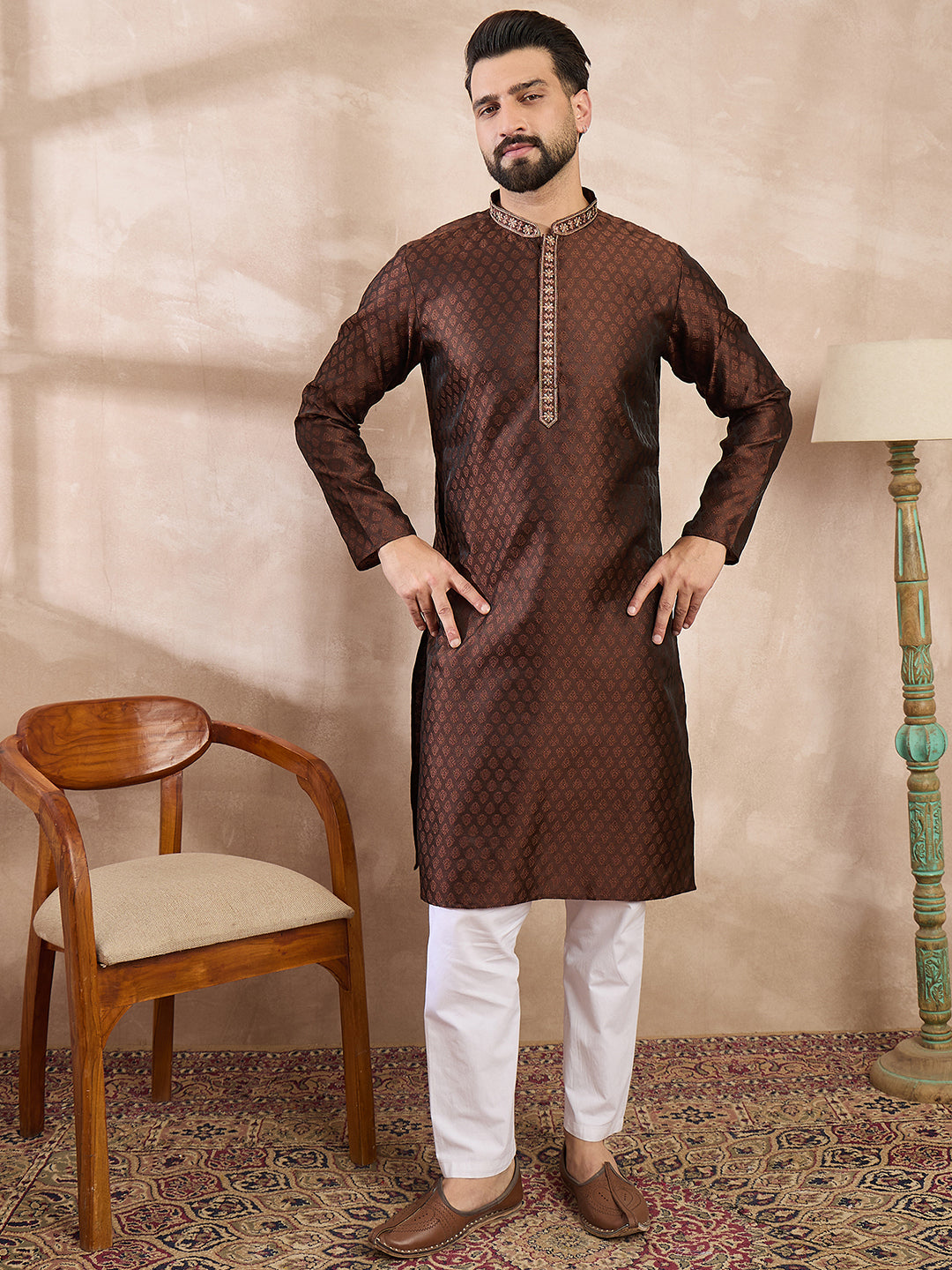 Ethnic Bay Men Brown Silk Blend Solid Woven Design Straight Kurta