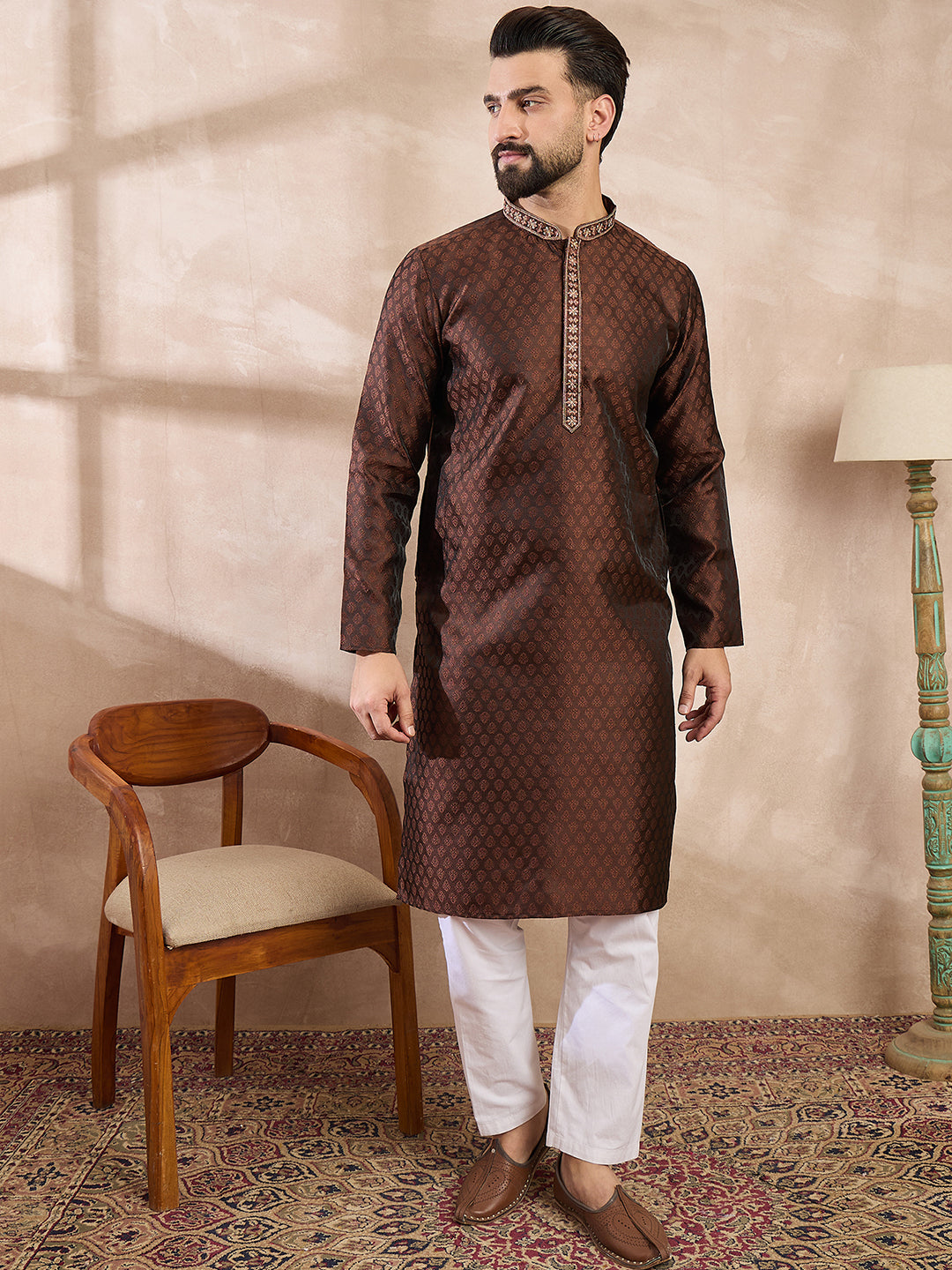 Ethnic Bay Men Brown Silk Blend Solid Woven Design Straight Kurta