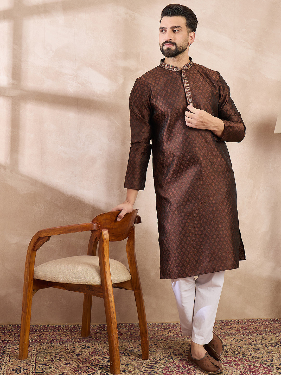 Ethnic Bay Men Brown Silk Blend Solid Woven Design Straight Kurta