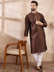 Ethnic Bay Men Brown Silk Blend Solid Woven Design Straight Kurta-MKU1855
