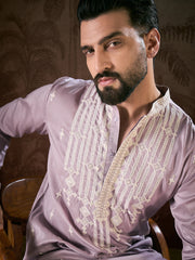 Ethnic Bay Men Lavender Silk Blend Solid Embroidered Straight Kurta-MKU1880