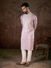 Ethnic Bay Men Lavender Silk Blend Solid Embroidered Straight Kurta-MKU1880