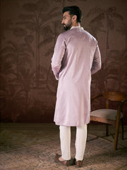 Ethnic Bay Men Lavender Silk Blend Solid Embroidered Straight Kurta-MKU1880