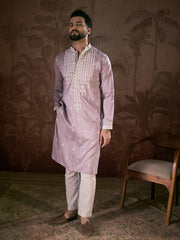 Ethnic Bay Men Lavender Silk Blend Solid Embroidered Straight Kurta-MKU1880