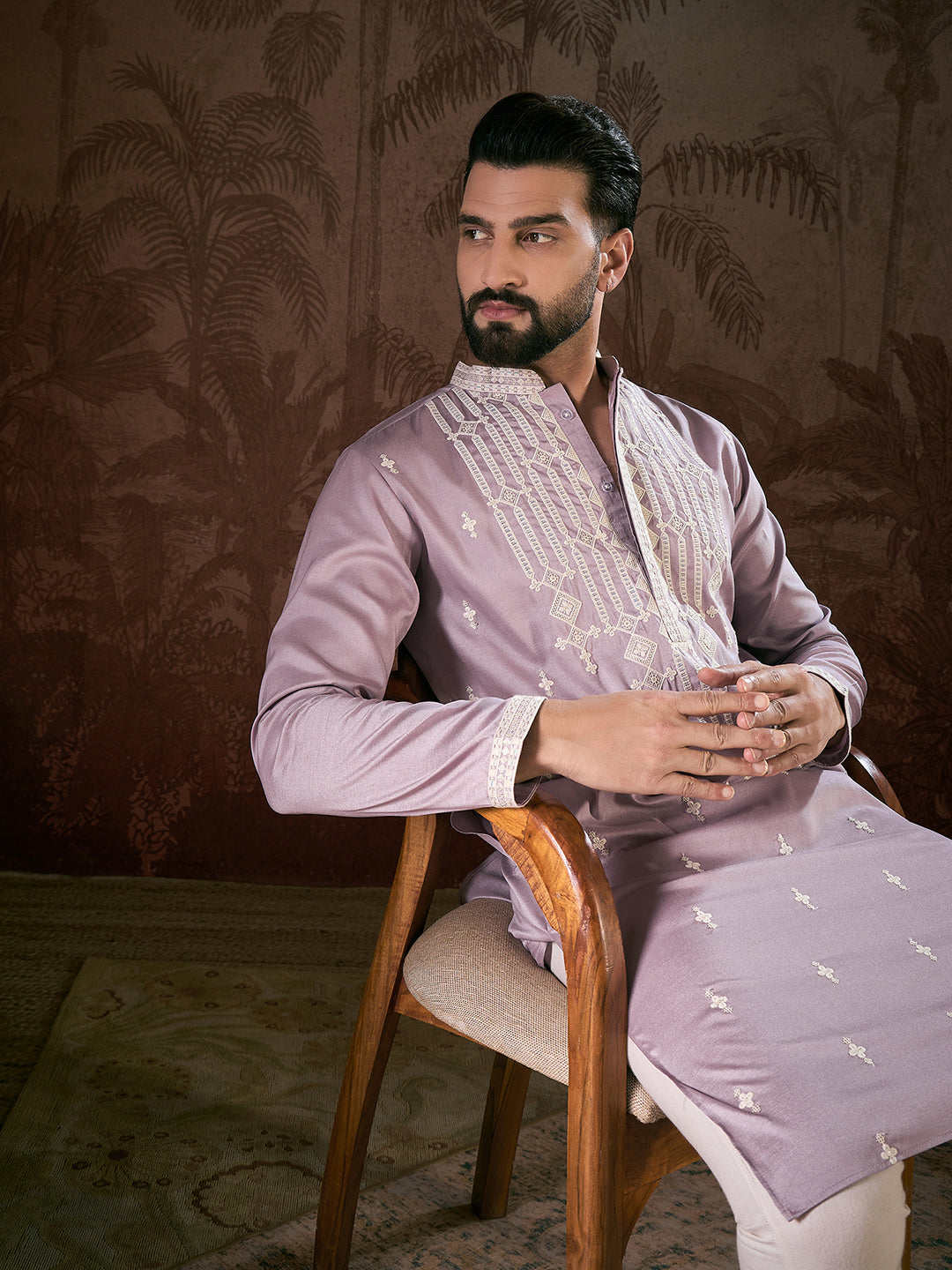 Ethnic Bay Men Lavender Silk Blend Solid Embroidered Straight Kurta