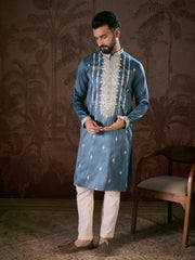 Ethnic Bay Men Blue Silk Blend Solid Embroidered Straight Kurta-MKU1881