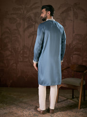 Ethnic Bay Men Blue Silk Blend Solid Embroidered Straight Kurta-MKU1881