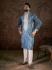 Ethnic Bay Men Blue Silk Blend Solid Embroidered Straight Kurta-MKU1881