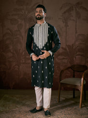 Ethnic Bay Men Black Silk Blend Solid Embroidered Straight Kurta-MKU1883